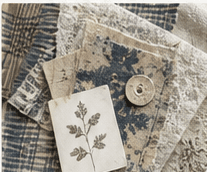 Layered thrifted fabric, botanical paper, and a vintage button