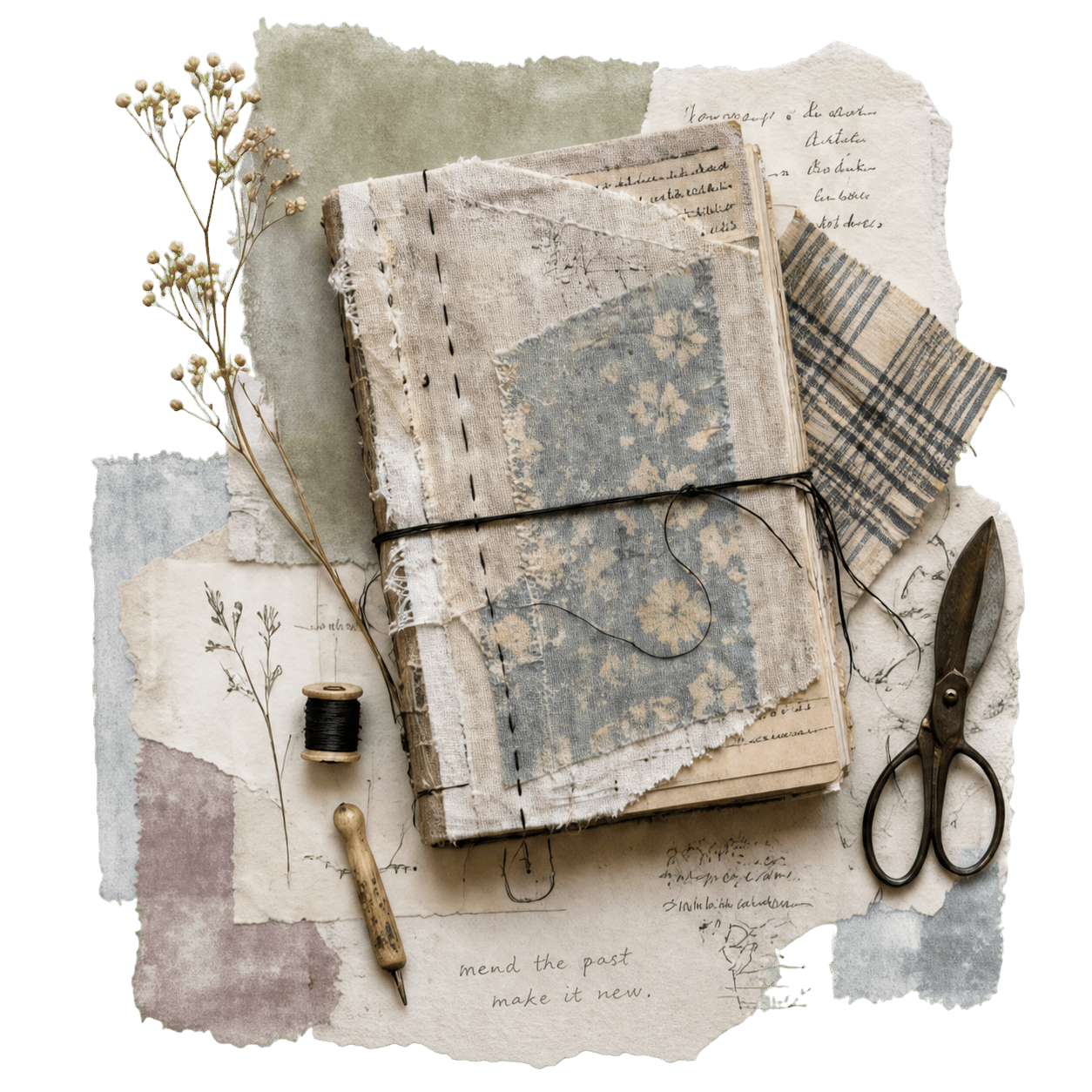 A hand-bound textile journal surrounded by paper, thread, dried botanicals, and scissors